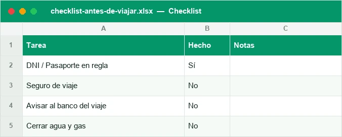 Checklist de viaje por categorías con casilla de hecho