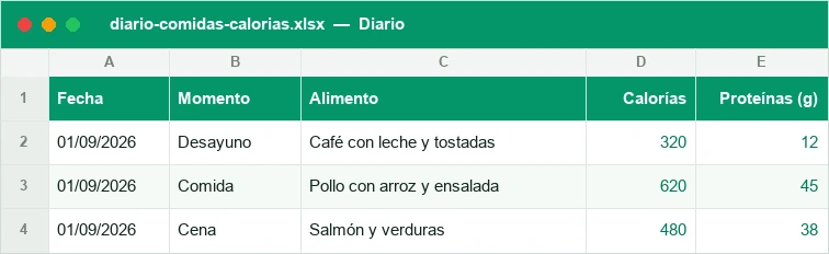 Diario de comidas con momento, alimento y calorías por línea