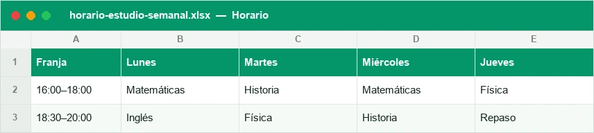 Horario de estudio semanal por franjas con una asignatura en cada hueco