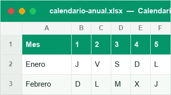 Calendario anual con los días de la semana por mes