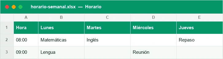 Horario semanal por horas de lunes a domingo