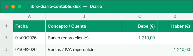 Libro diario con asientos, Debe y Haber