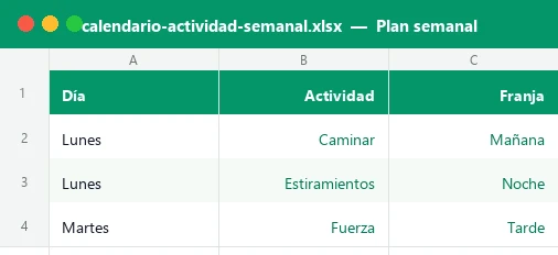 Hoja Plan semanal de la plantilla Excel de calendario de actividad física semanal con día, actividad y franja