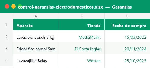 Hoja Garantías de la plantilla Excel de control de garantías de electrodomésticos con aparato, tienda y fecha de compra
