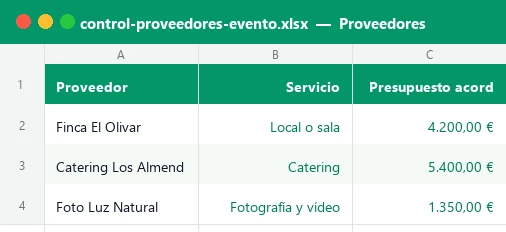 Hoja Proveedores de la plantilla Excel de control de proveedores de un evento con servicio y presupuesto acordado