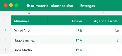 Hoja Entregas de la plantilla Excel de control de material escolar del alumnado con un check de entrega por artículo