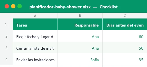 Hoja Checklist de la plantilla Excel de baby shower con tareas, responsables y días antes del evento