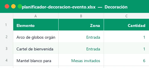 Hoja Decoración de la plantilla Excel de planificador de decoración de eventos con elementos, zonas y cantidades