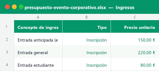 Hoja Ingresos de la plantilla Excel de presupuesto de evento corporativo con entradas, patrocinios y precios