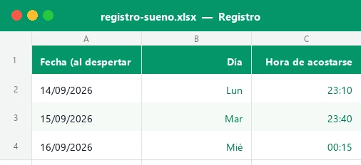 Captura de la hoja Registro de la plantilla Excel de registro de sueño con fecha, día de la semana y hora de acostarse