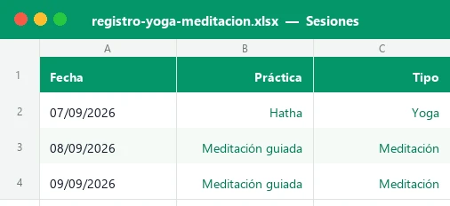Captura de la hoja Sesiones de la plantilla Excel de registro de yoga y meditación con fecha, práctica y tipo de cada sesión